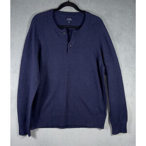 J.Crew Factory Mens Large L Blue Lambswool Blend Henley Sweater‎ Knit Stretch